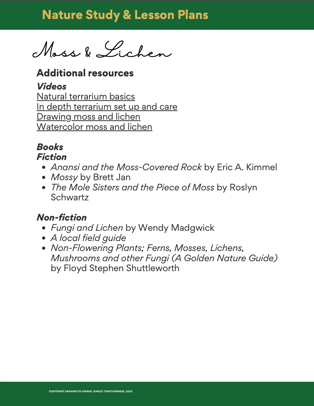 Moss & Lichen Adventure Club Lesson Plans
