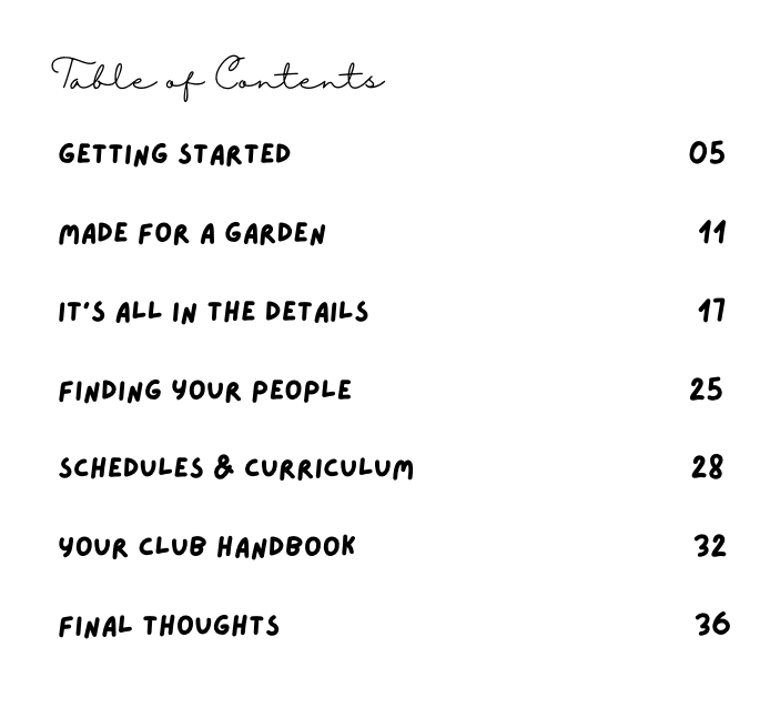 Table of contents with chapter titles and page numbers on a white background